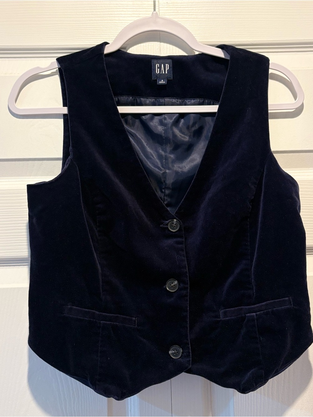GAP Velvet Button Vest Waistcoat Navy Blue Office Tailored Layering Sz S